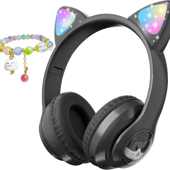 Cartoon Cat Light Up Ears Bluetooth Headphones fits teens and adults - Picture 1 of 5